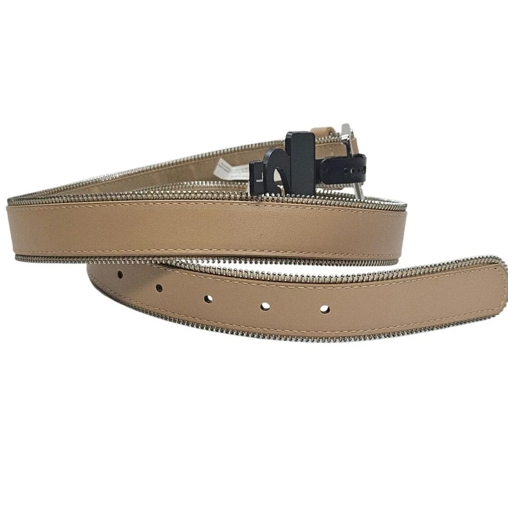 Tan Beige Full‎ Zipper Detail Belt Women's Size L Fashion Accessory